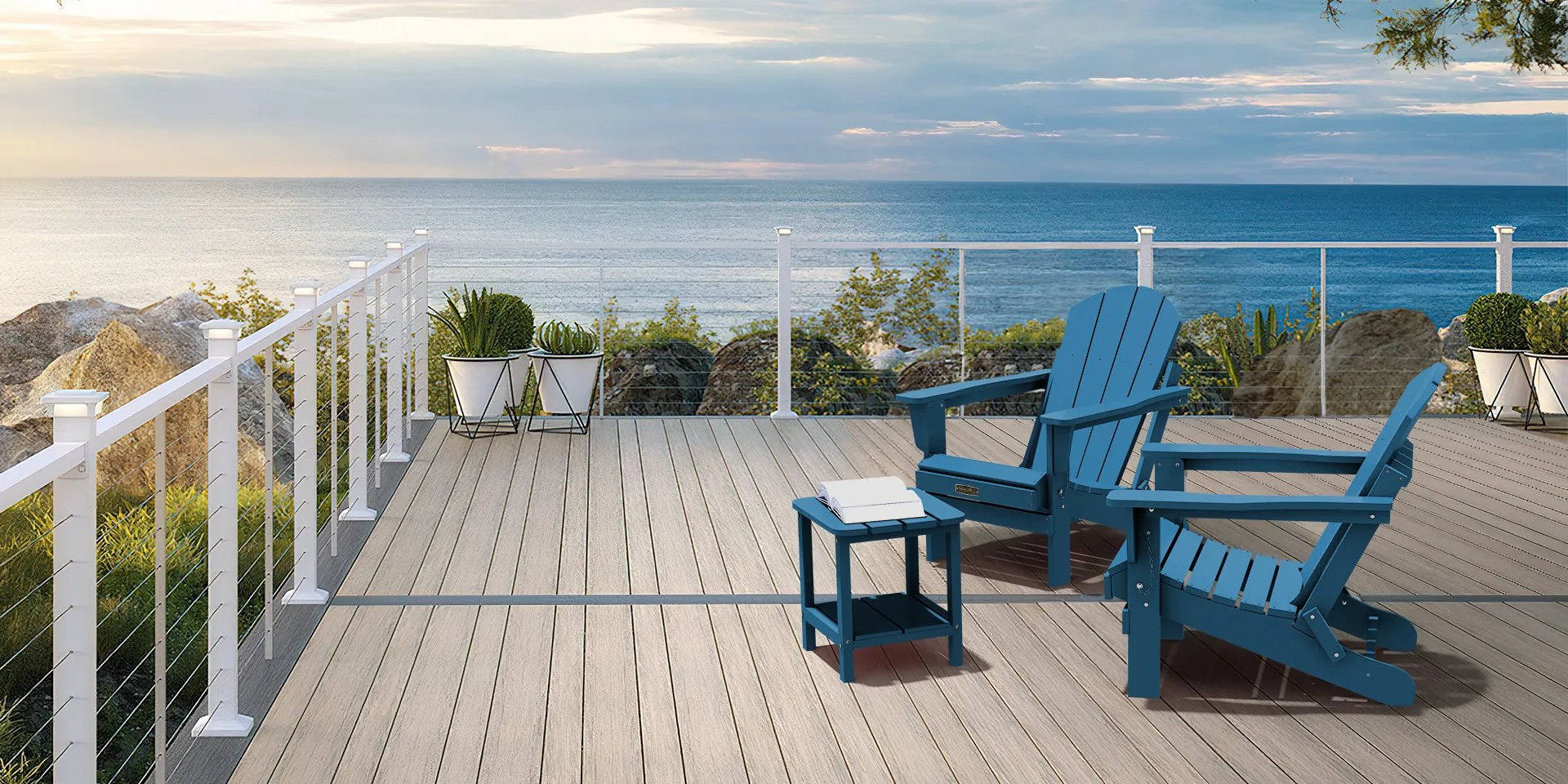 Blue Folding Adirondack Chairs set of 2 on the deck