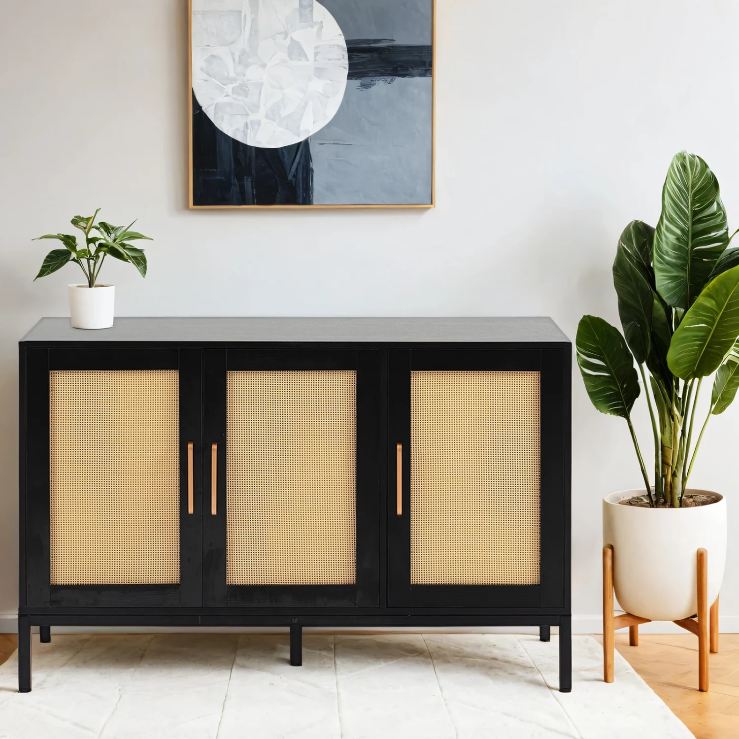 3-Door Wood Rattan Storage Sideboard with Adjustable Legs - Image 3