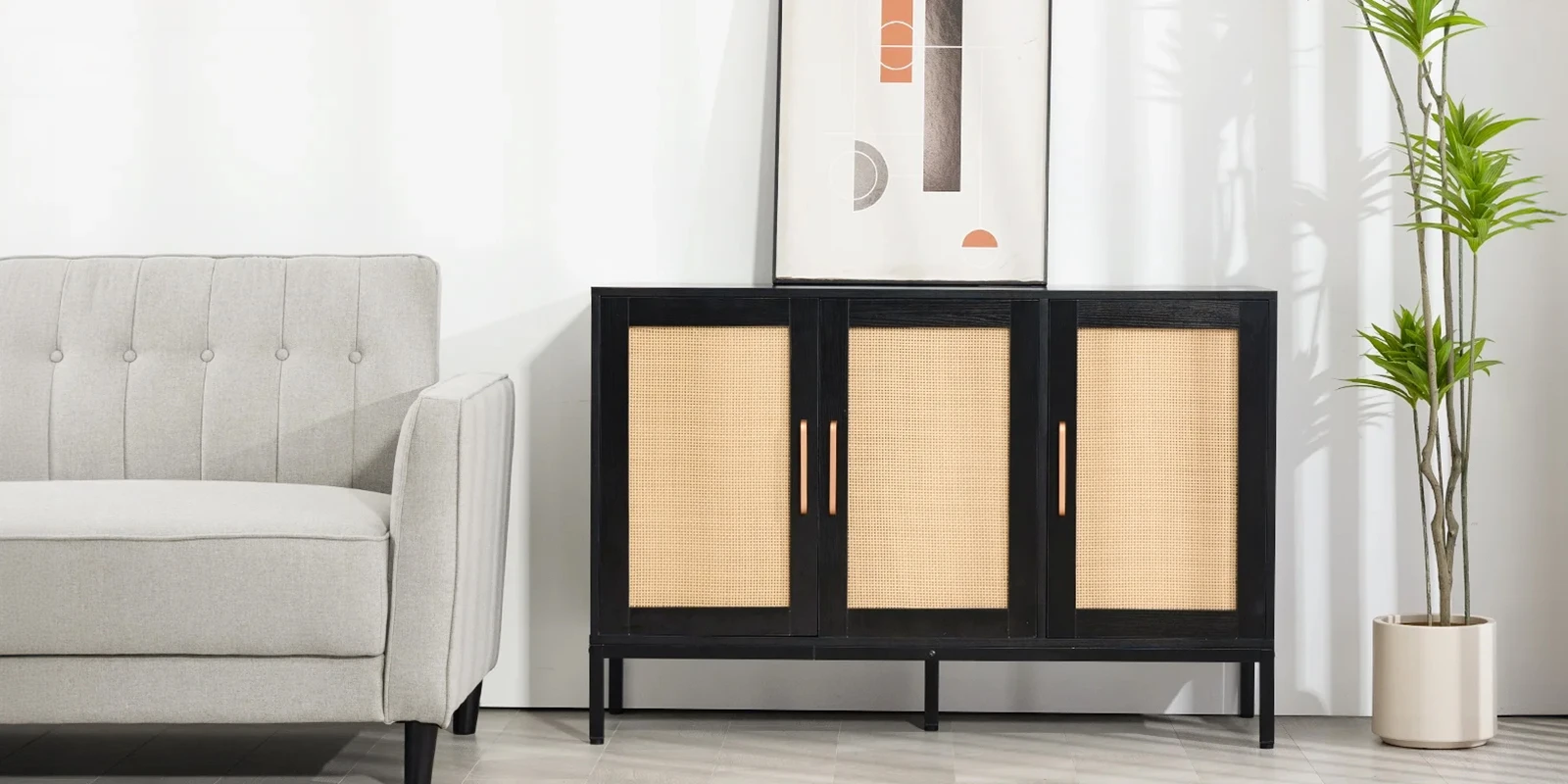 3-Door Wood Rattan Storage Sideboard at Living Room