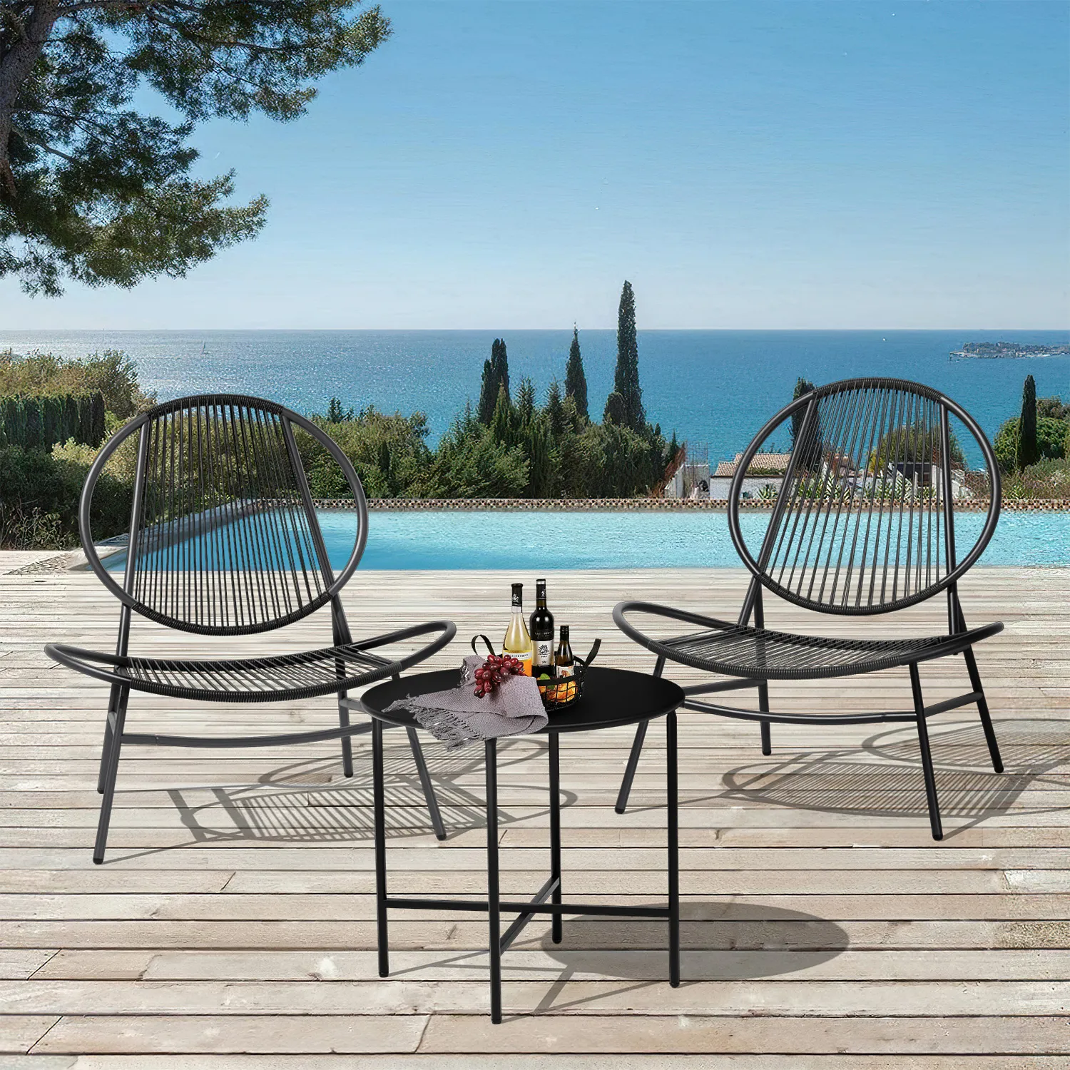 3-Piece Round Rattan Patio Bistro Set with Side Table-Black by the poolside
