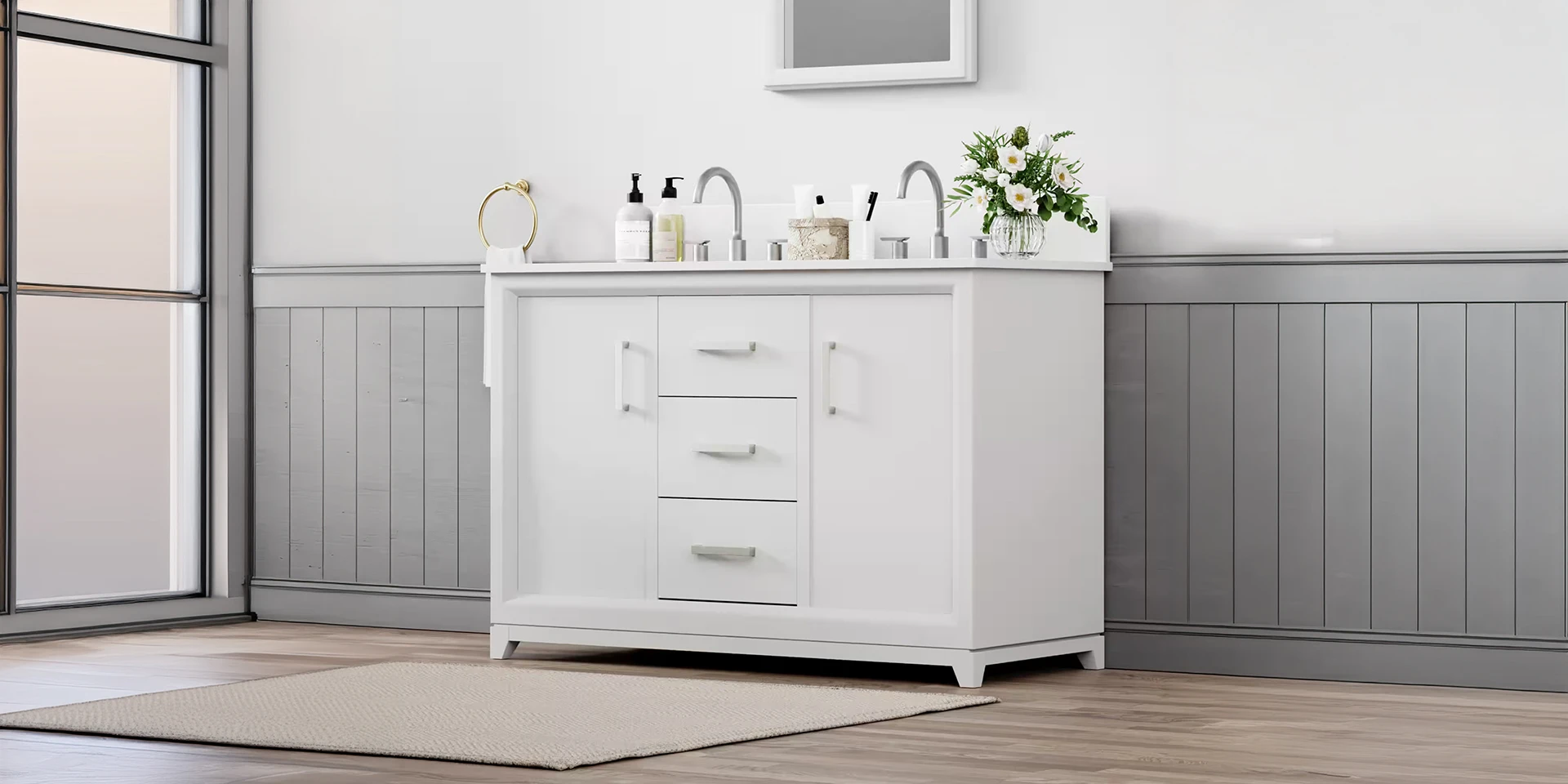 48 in. White Double Basin Vanity with White Marble Top