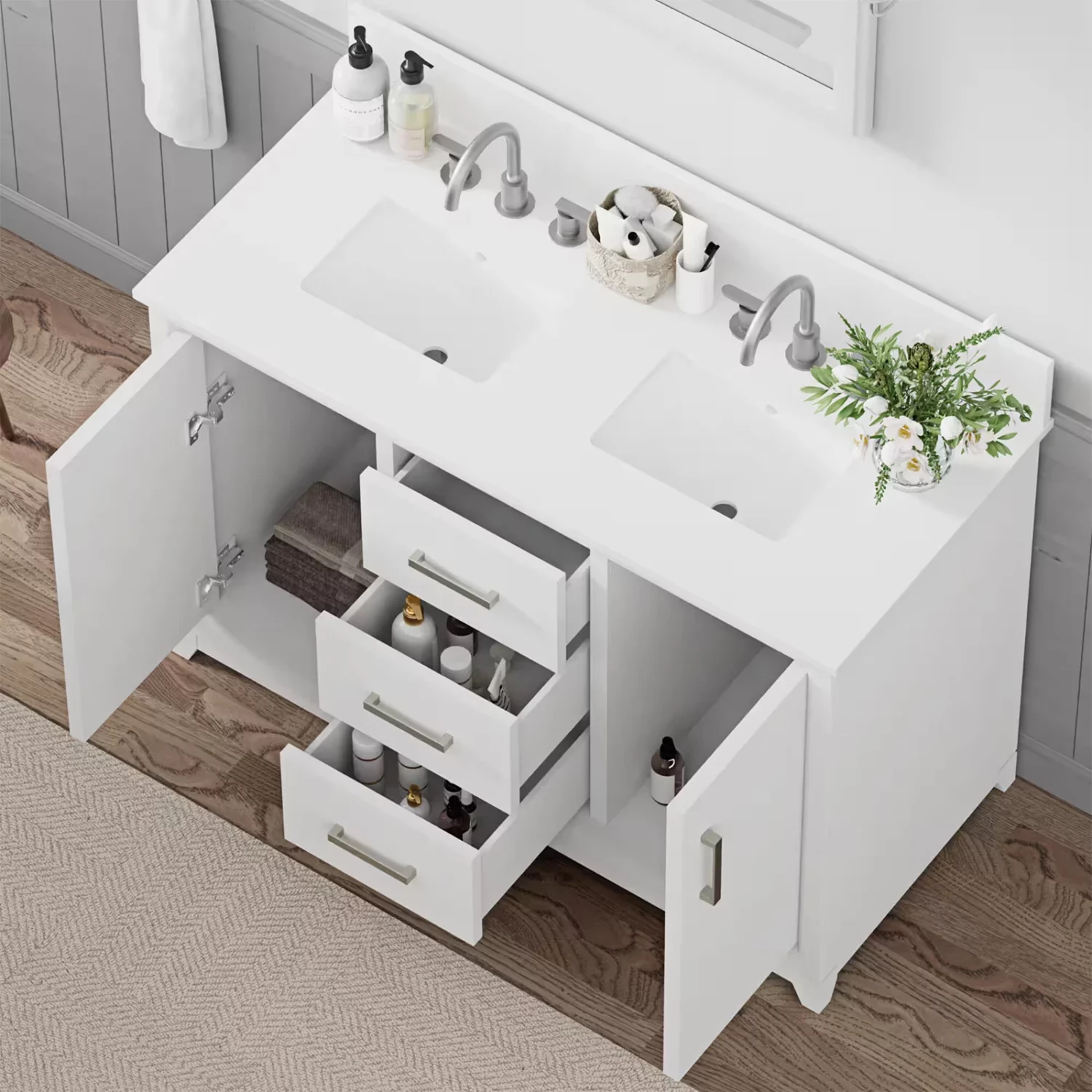 48 in. White Double Basin Vanity with White Marble Top - Image 4