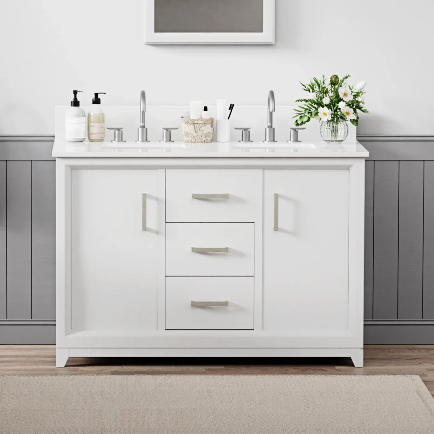 48 in. White Double Basin Vanity with White Marble Top - Image 2