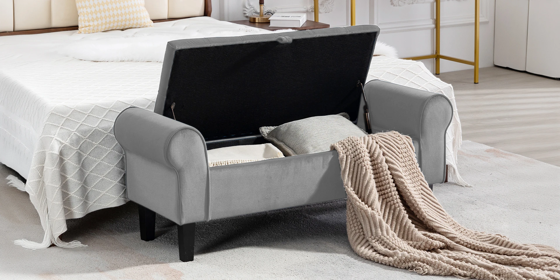 Bedroom Tufted Velvet Armed Storage Bench