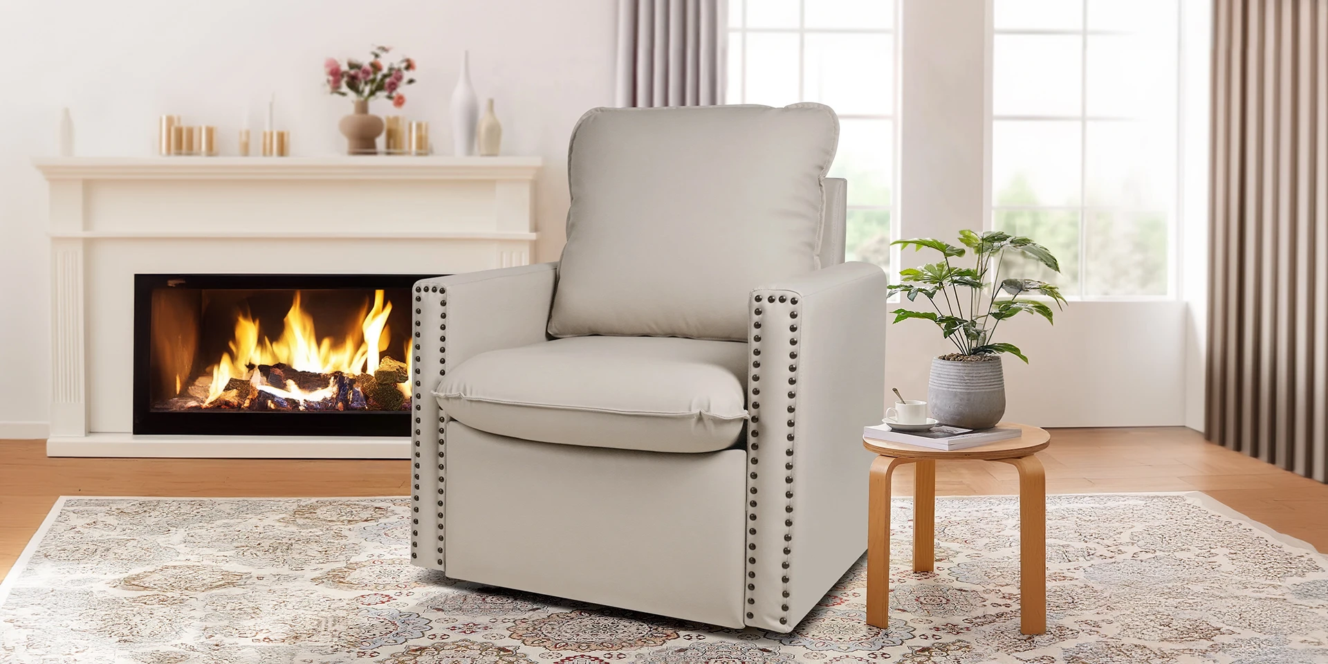 Beige Vegan Leather Swivel Armchair with Nailhead Trim