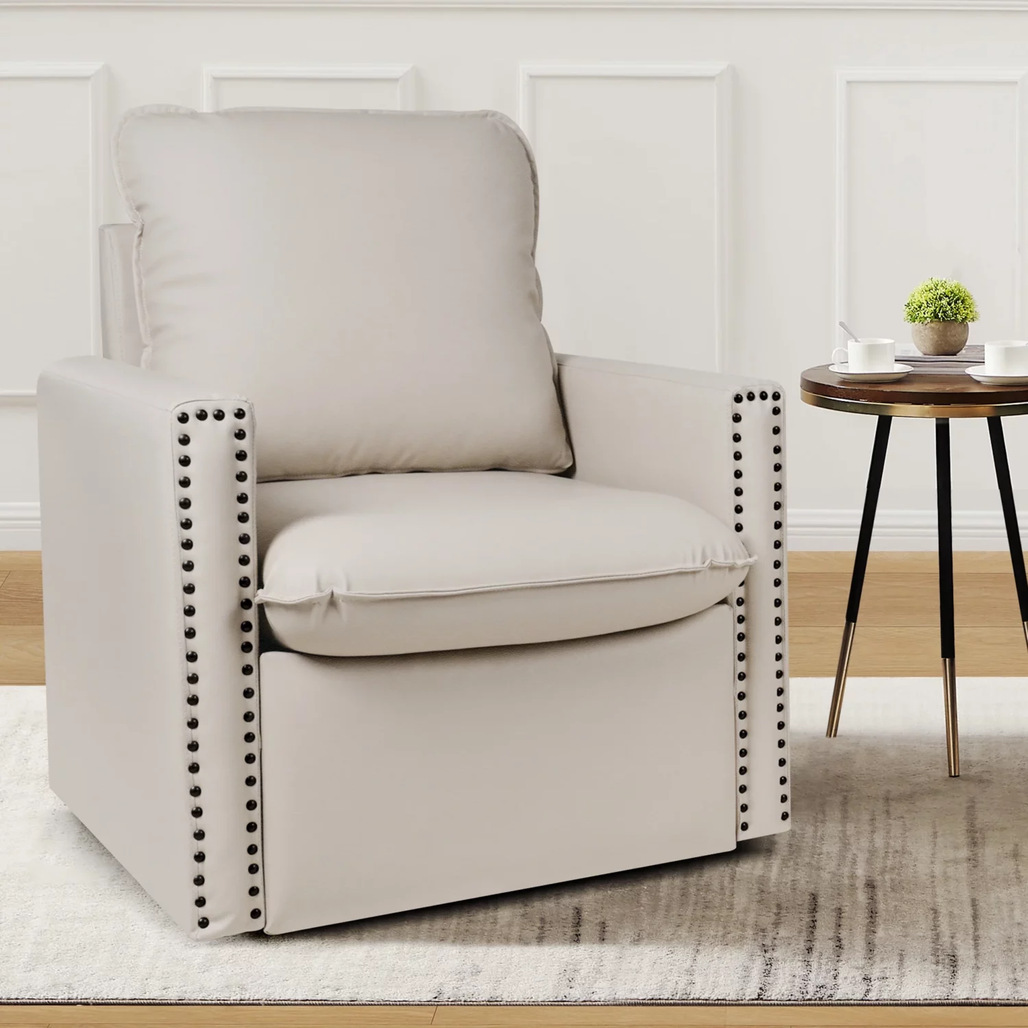 Vegan Leather Swivel Armchair with Nailhead Trim - Image 2