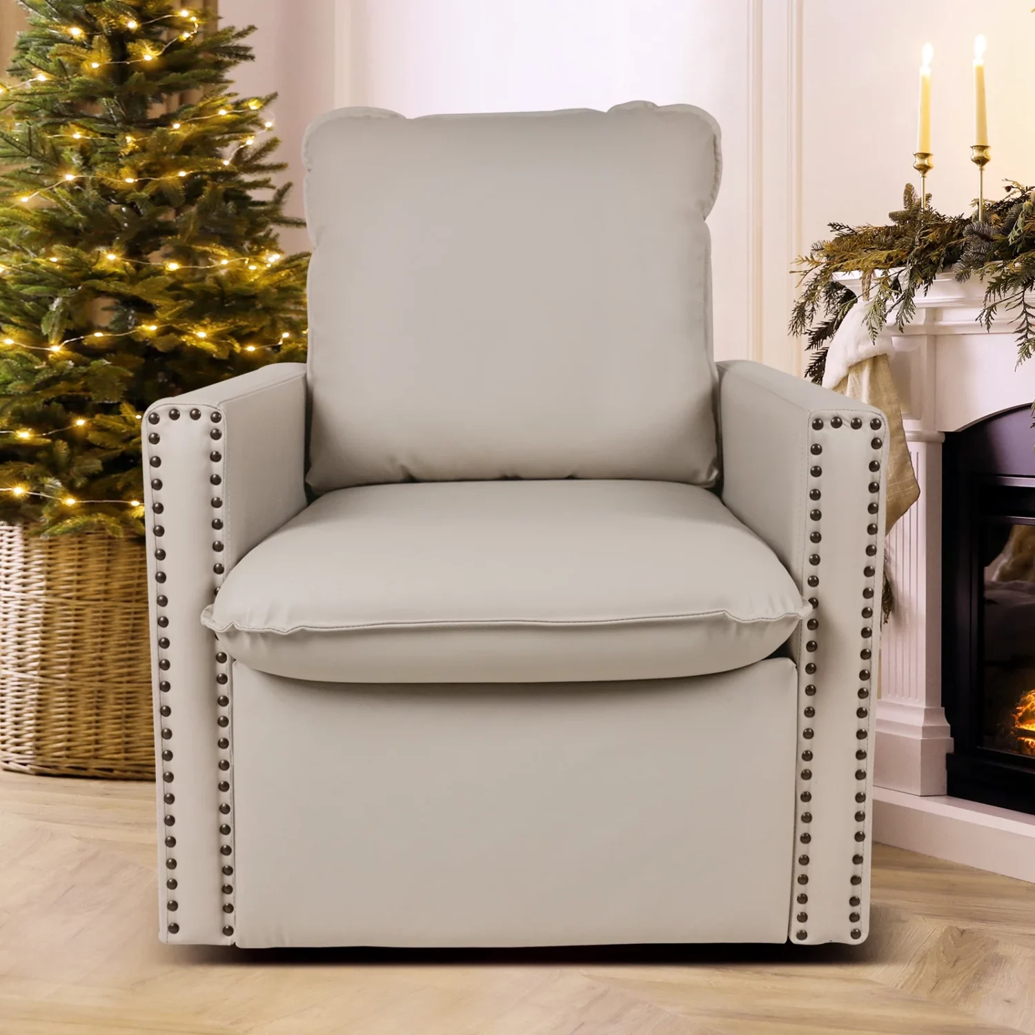 Vegan Leather Swivel Armchair with Nailhead Trim - Image 3