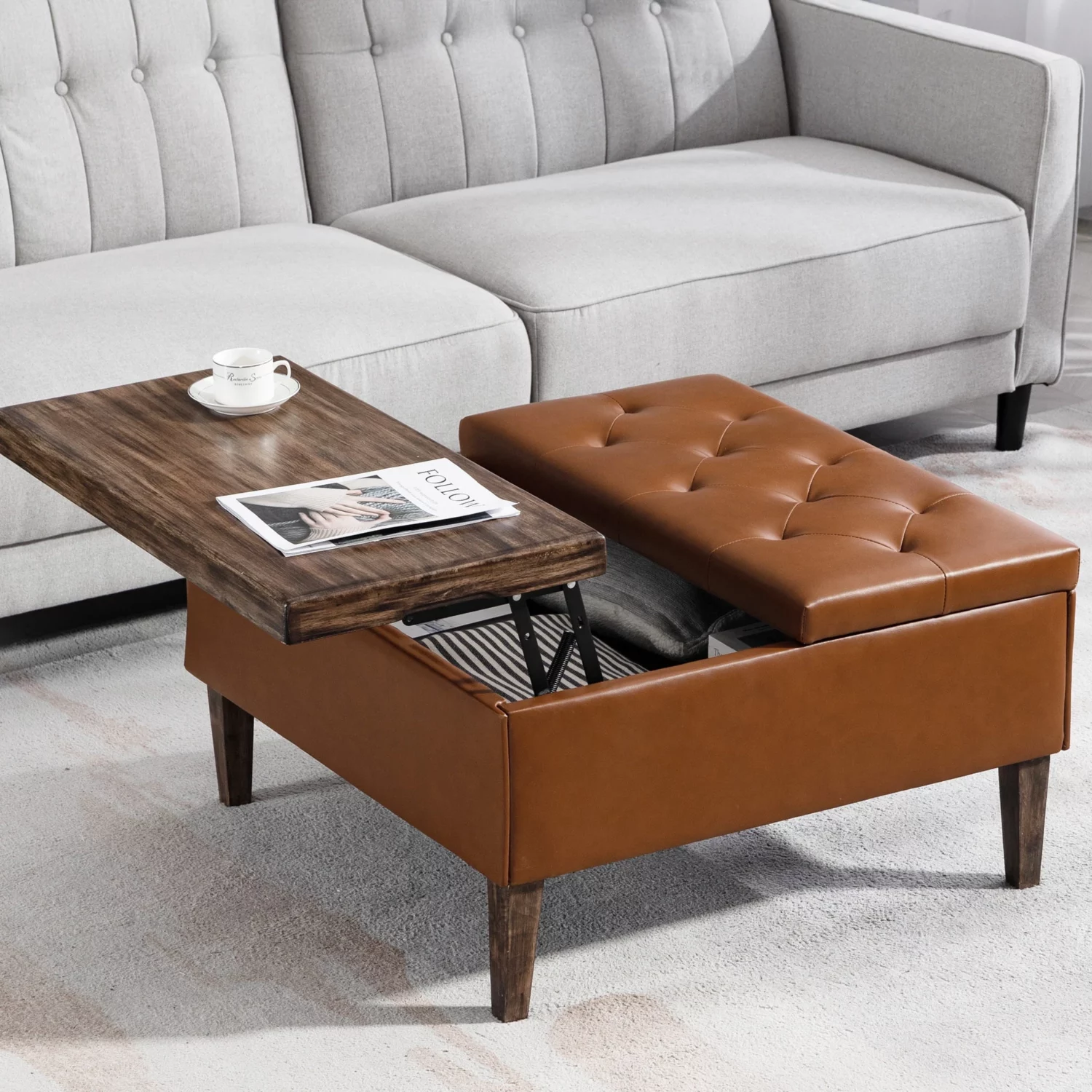 Faux Leather Tufted Storage Ottoman Bench - Image 4