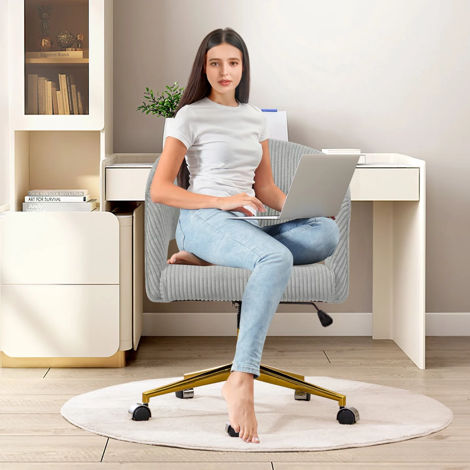 Modern Corduroy Swivel Office Armchair with Wheels - Image 4