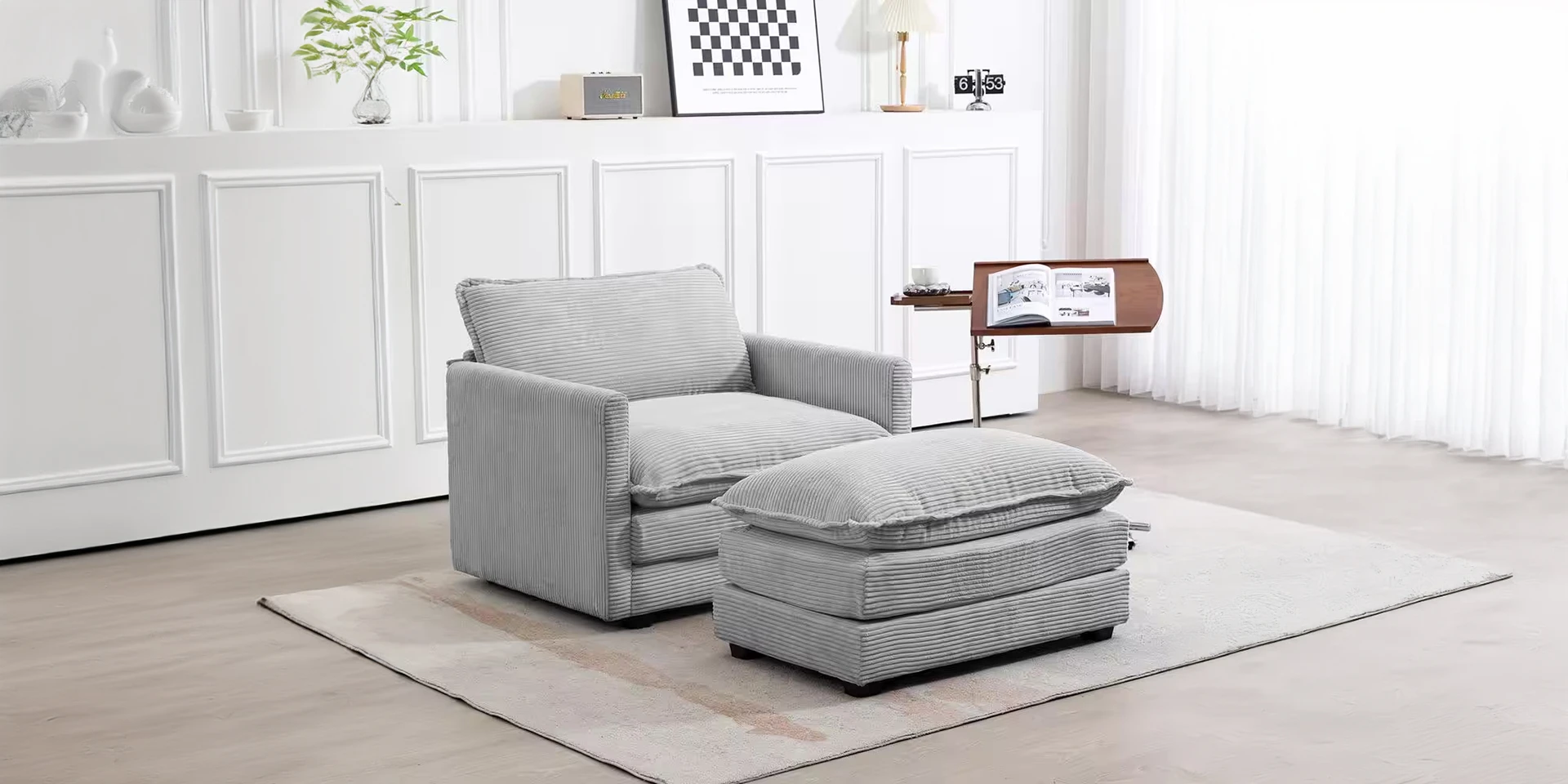 Gray Modern Corduroy Sofa Accent Armchair with Ottoman