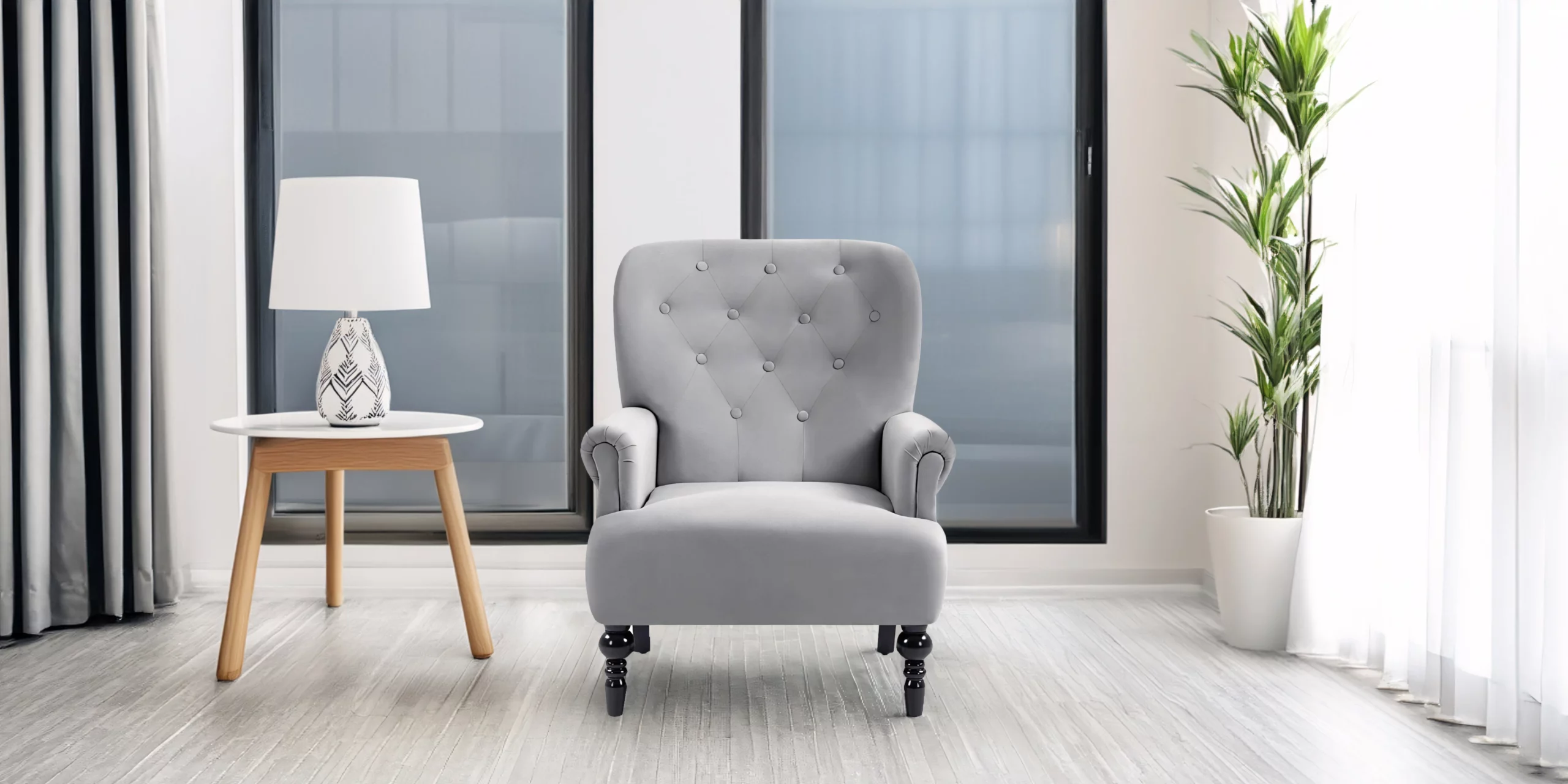 Gray Velvet Accent Armchair with Tufted Back (1)