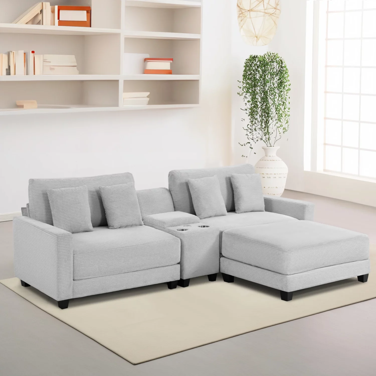 Corduroy 2 Seats Sectional Sofa with Ottoman - Image 6