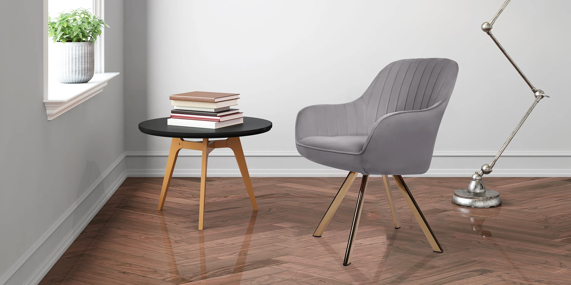 Modern Brushed Velvet Swivel Armchair Pair with Side Table
