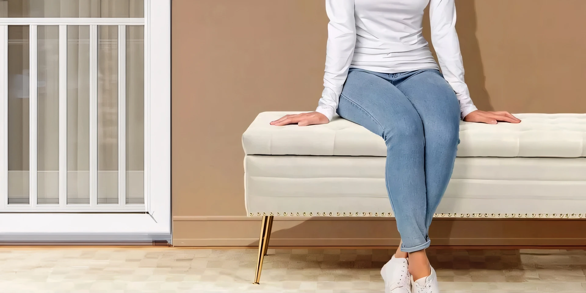 Woman Sitting on the White Modern Storage Bench