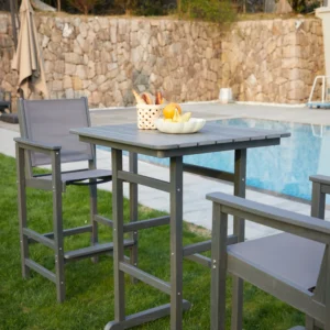 Outdoor HDPE Mesh 3-Piece Bar Height Armchair and Table Set-Dark Gray by the poolside (1)