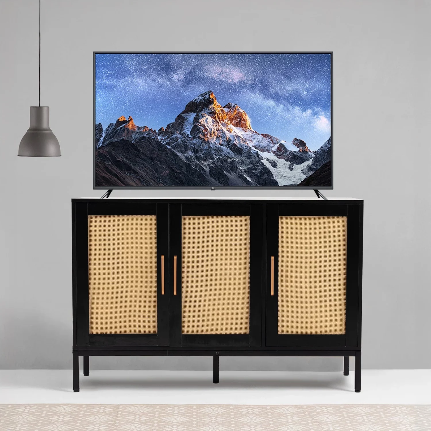 3-Door Wood Rattan Storage Sideboard with Adjustable Legs - Image 5