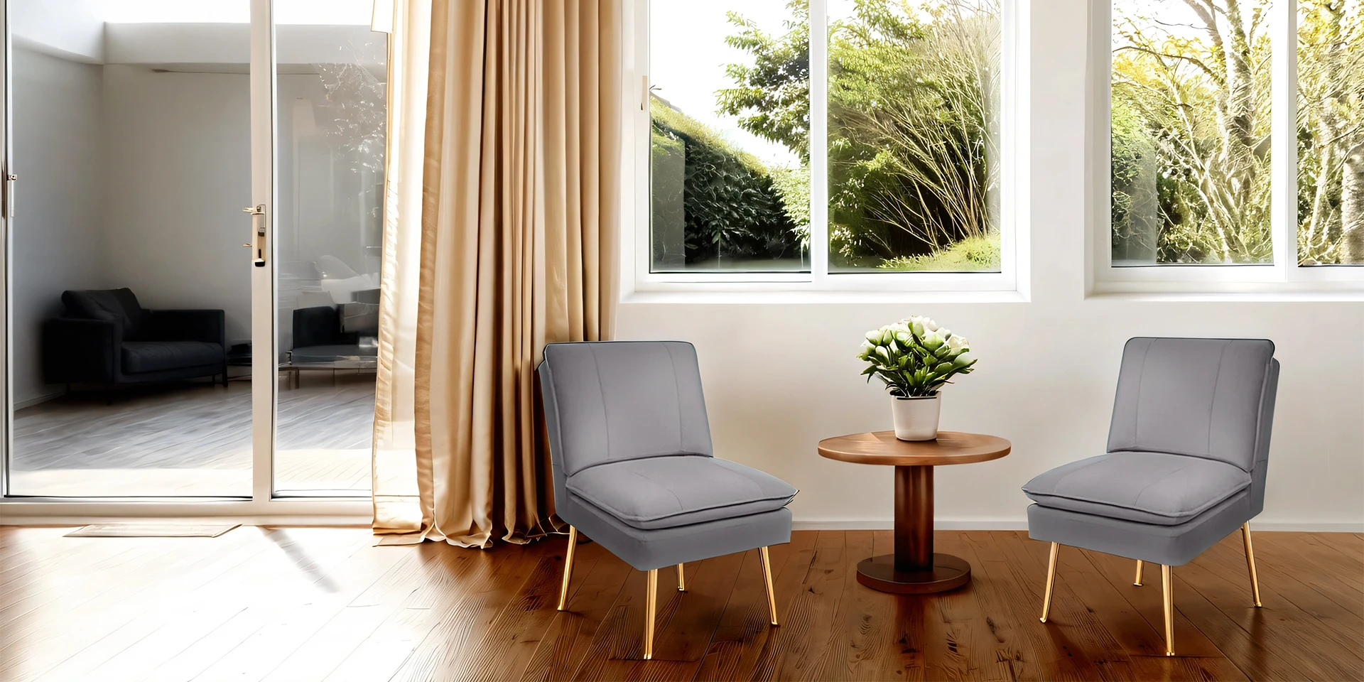 Two Gray Upholstered Armless Accent Chairs