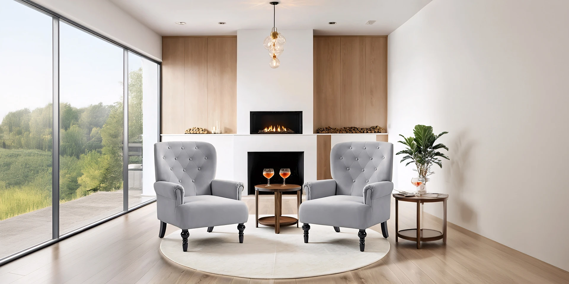 Two Velvet Accent Armchairs Conversational Set