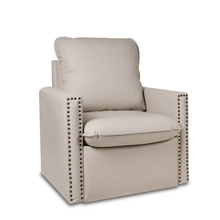 Vegan Leather Swivel Armchair with Nailhead Trim
