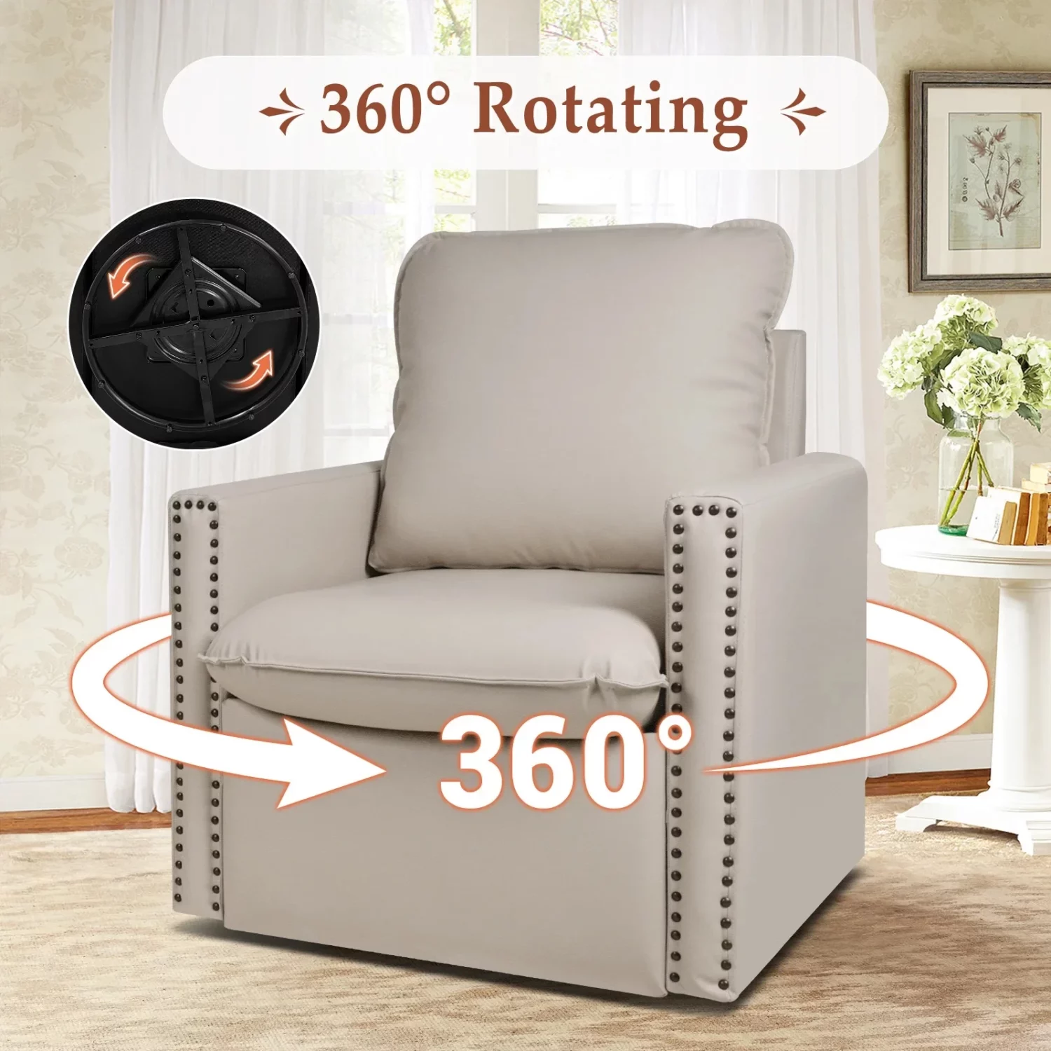 Vegan Leather Swivel Armchair with Nailhead Trim - Image 4