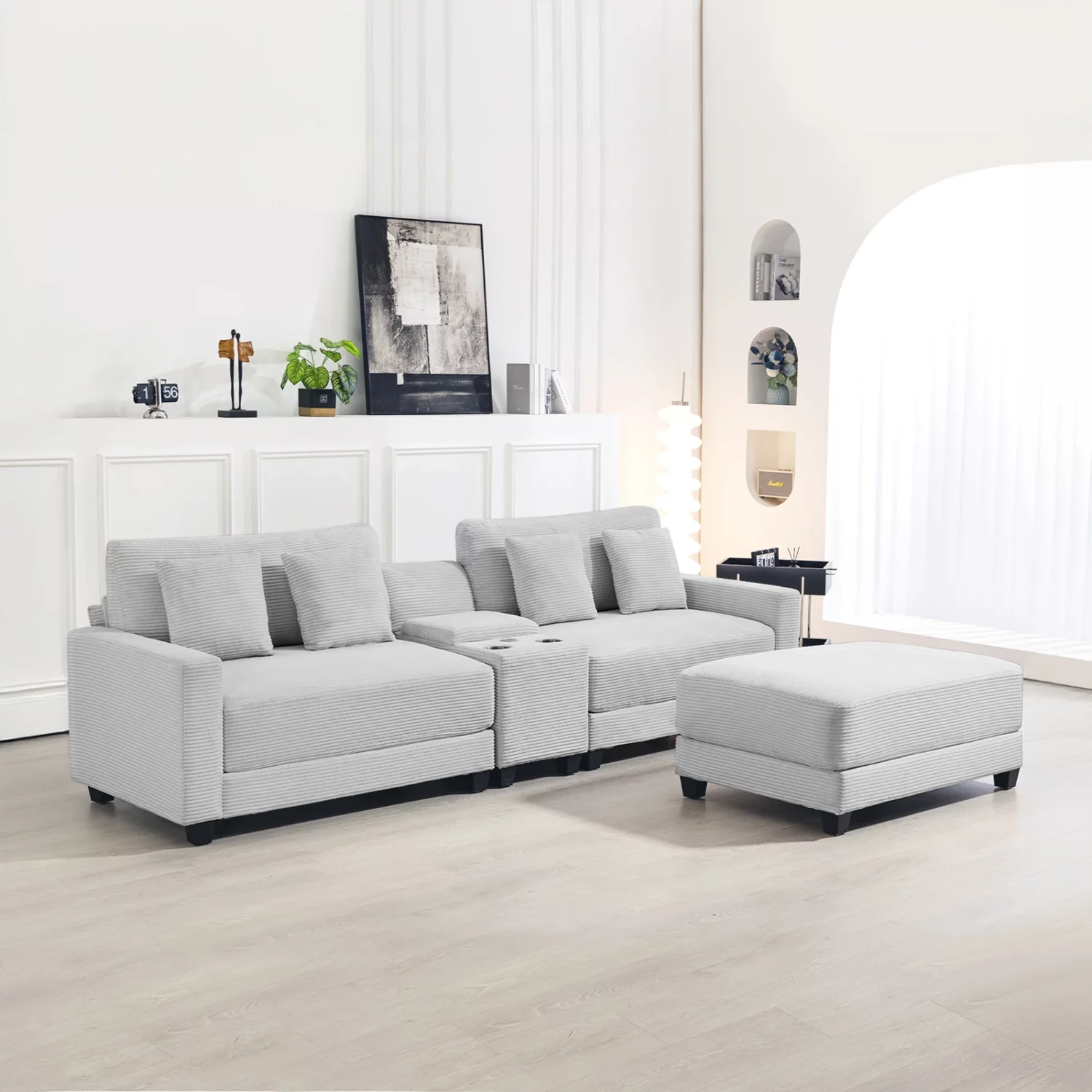 Corduroy 2 Seats Sectional Sofa with Ottoman - Image 7