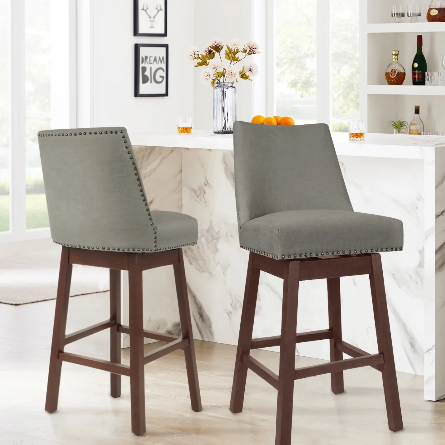 Velvet Swivel Bar Stool Set of 2 - Dark Gray
