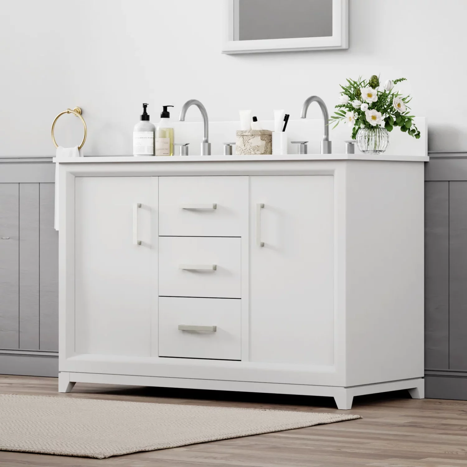 48 in. White Double Basin Vanity with White Marble Top - Image 3