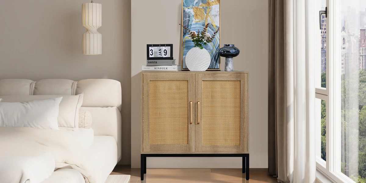 Wood Rattan Storage Cabinet