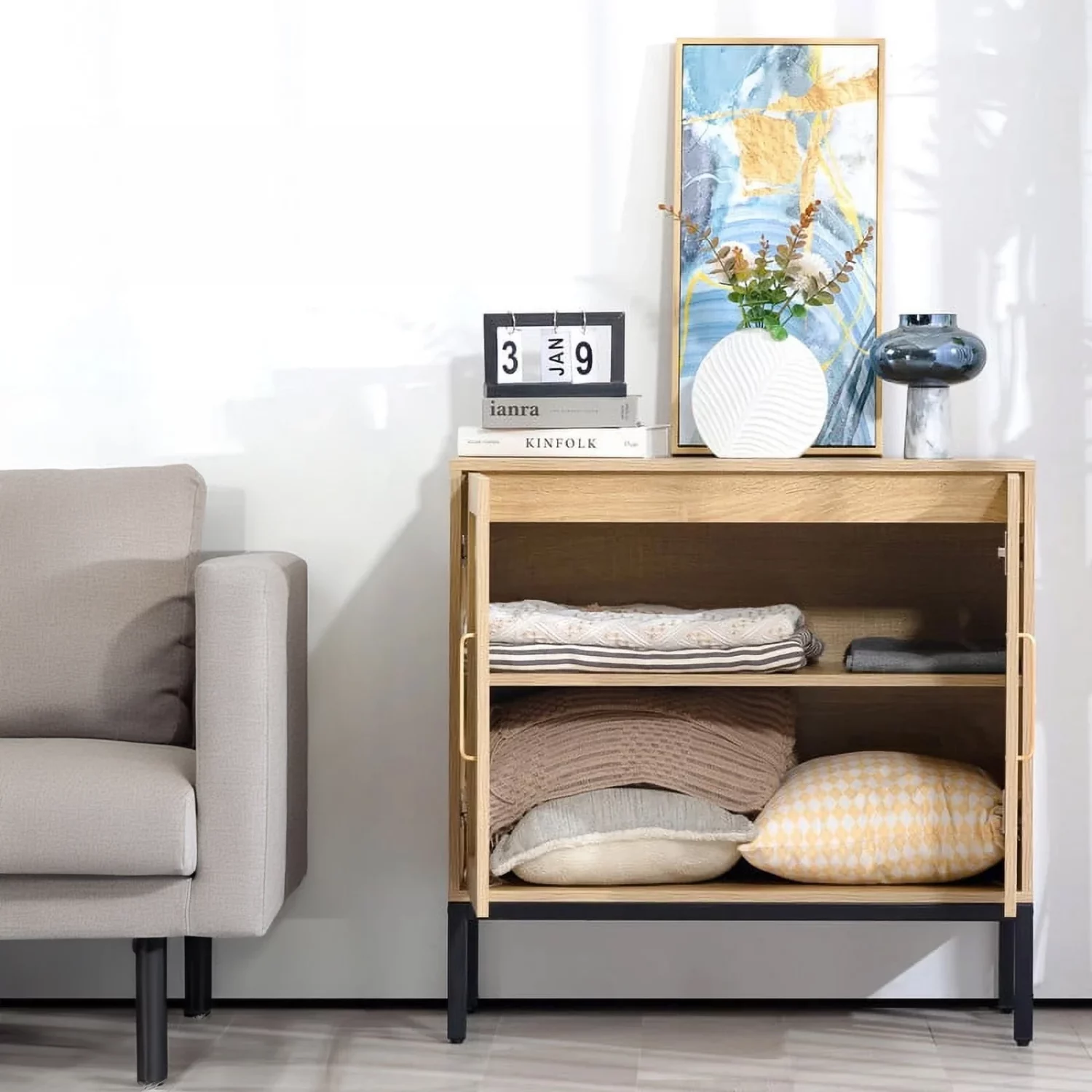 2-Door Wood Rattan Storage Cabinet - Image 6