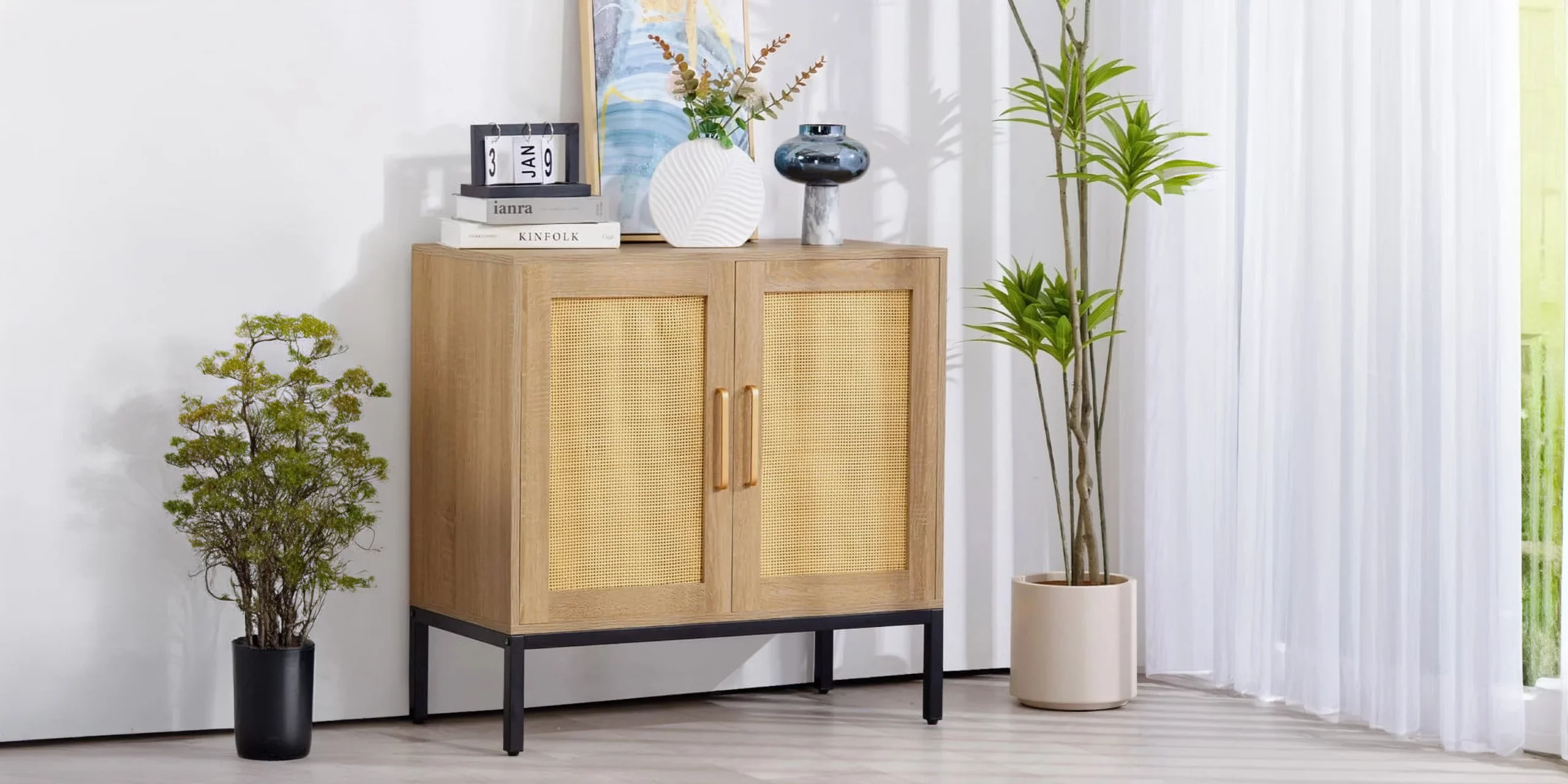 Wood Rattan Storage Sideboard