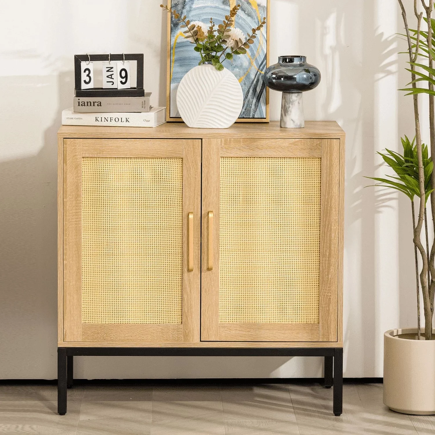 2-Door Wood Rattan Storage Cabinet - Image 3