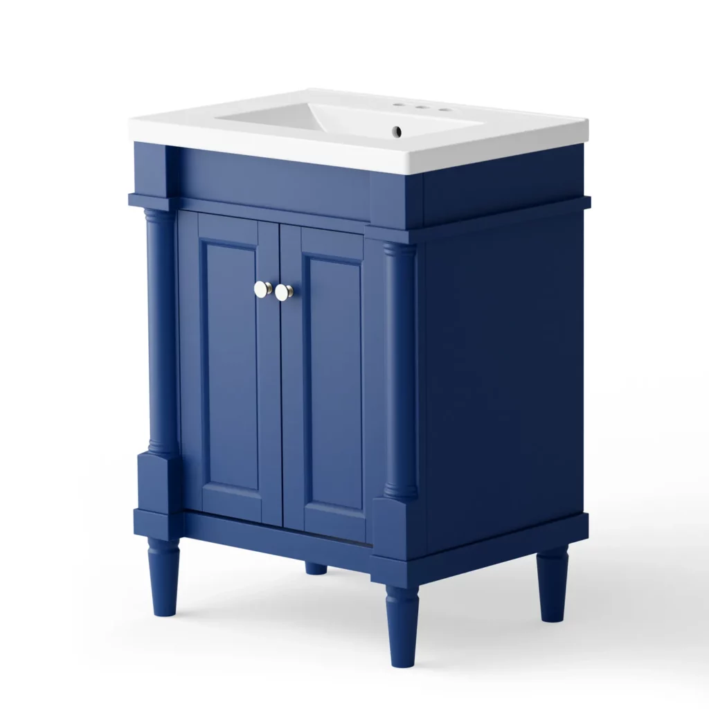 side view of the 24 in. Navy Single Basin Vanity with White Ceramic Top-Navy
