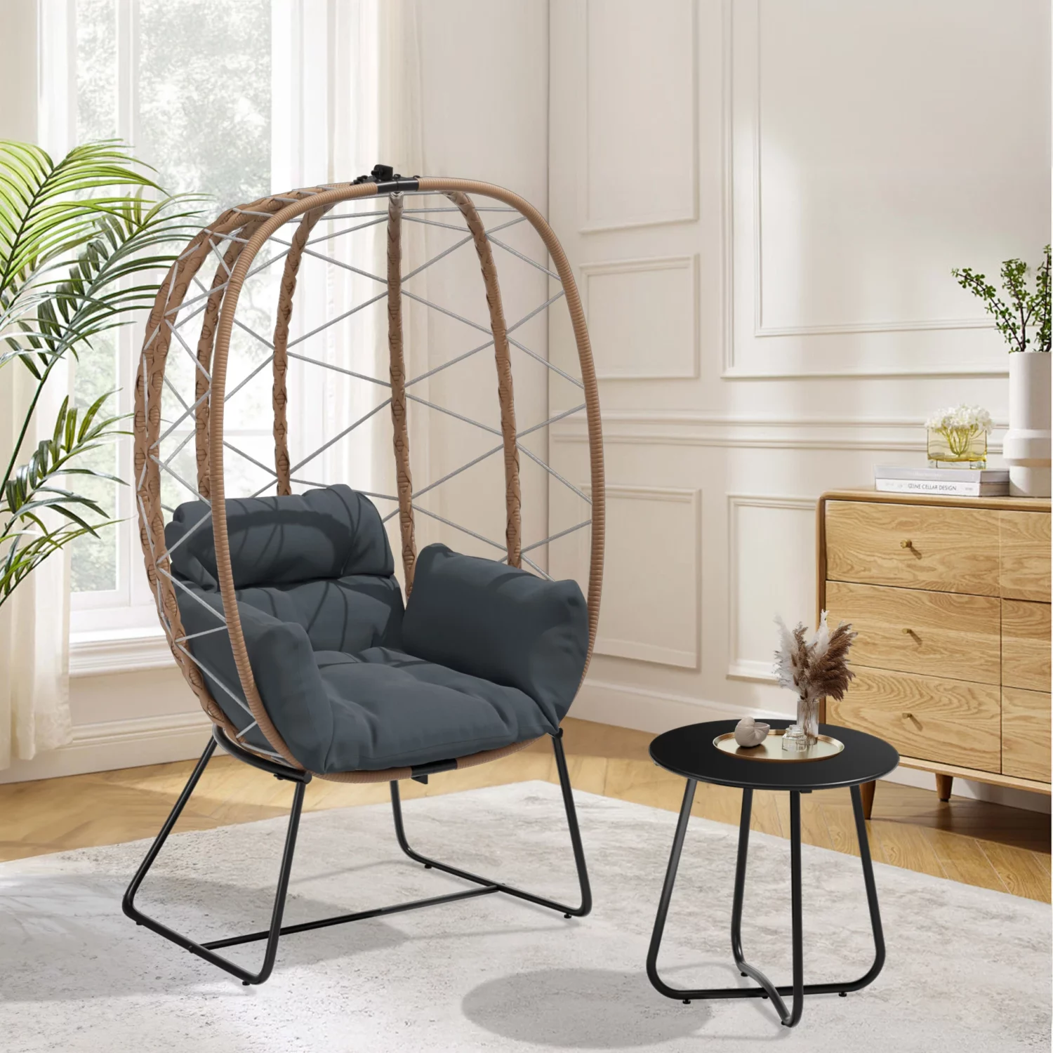 Patio Wicker Lounge Egg Chair Set with Side Table - Image 3