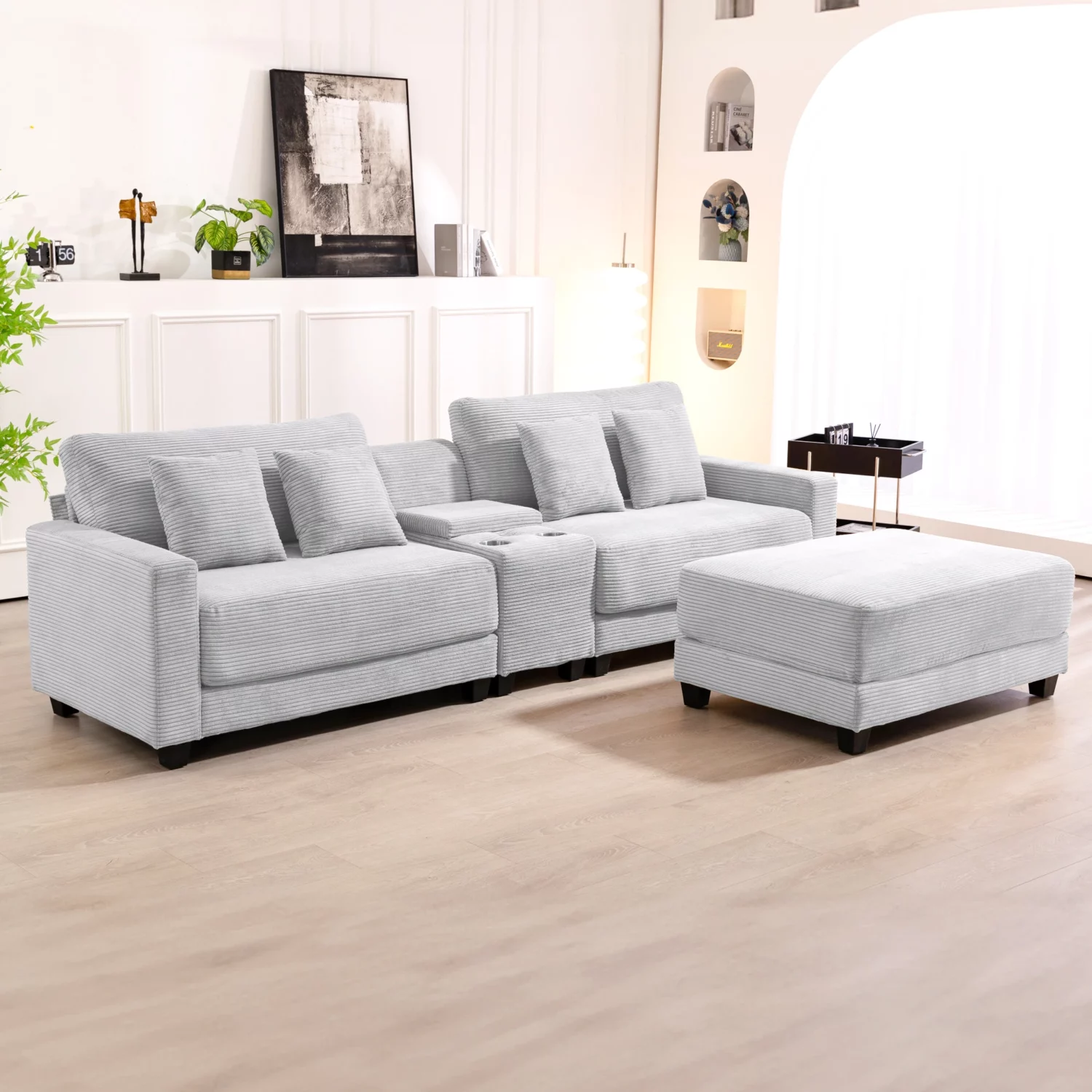 Corduroy 2 Seats Sectional Sofa with Ottoman - Image 3