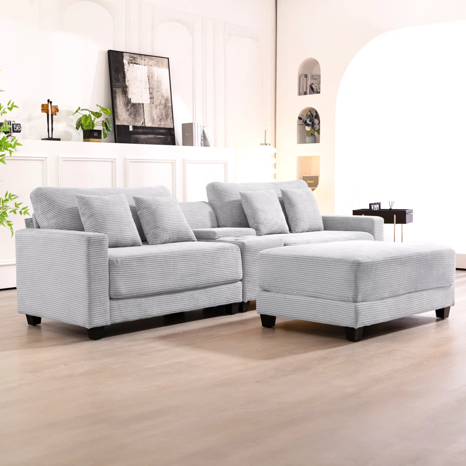 Corduroy 2 Seats Sectional Sofa with Ottoman - Image 4