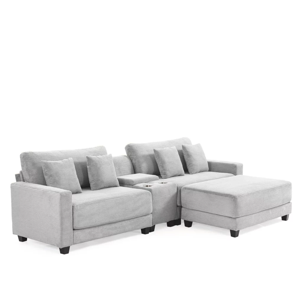 Gray Corduroy Sectional Sofa with Ottoman - Homeselecting