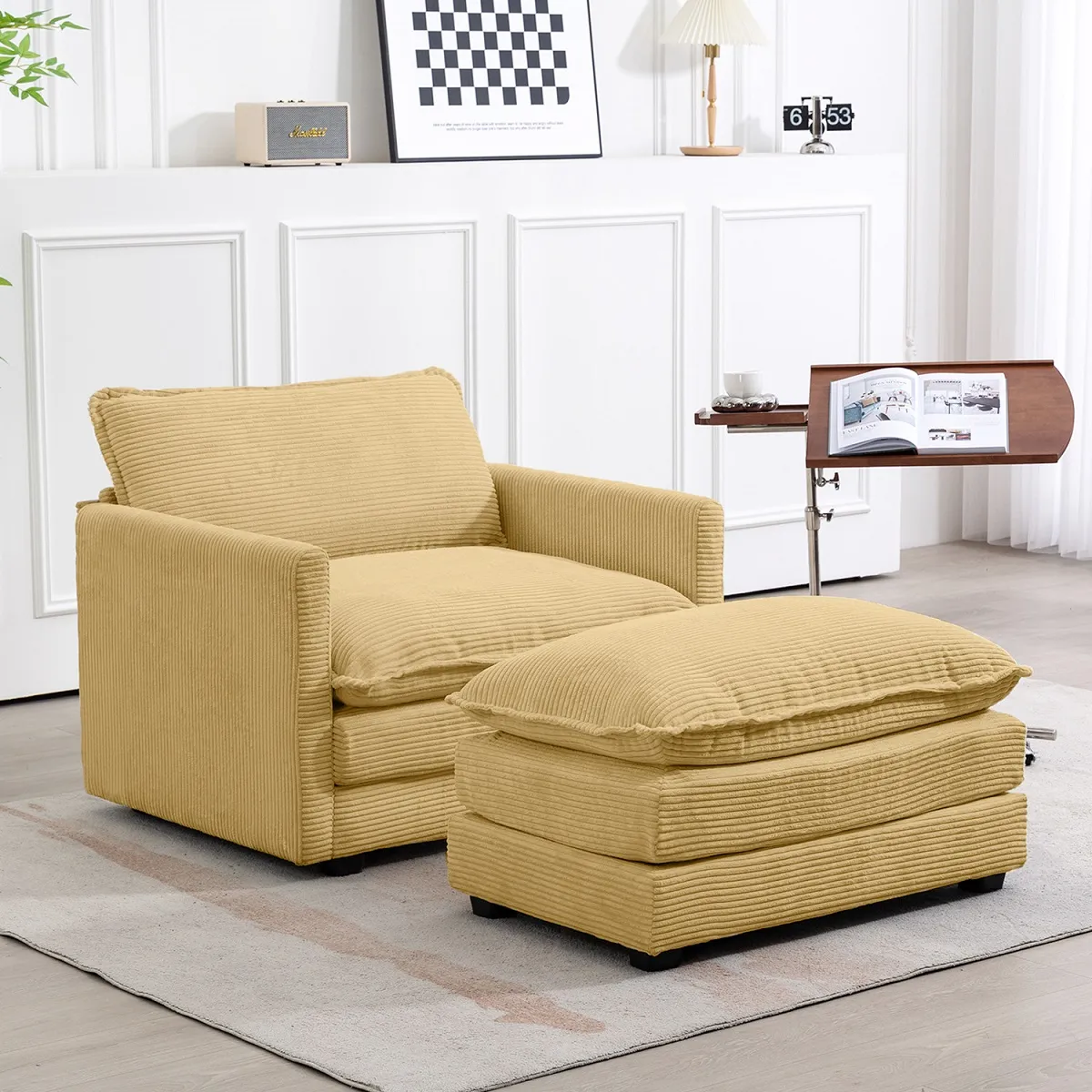Modern Corduroy Accent Armchair with Ottoman